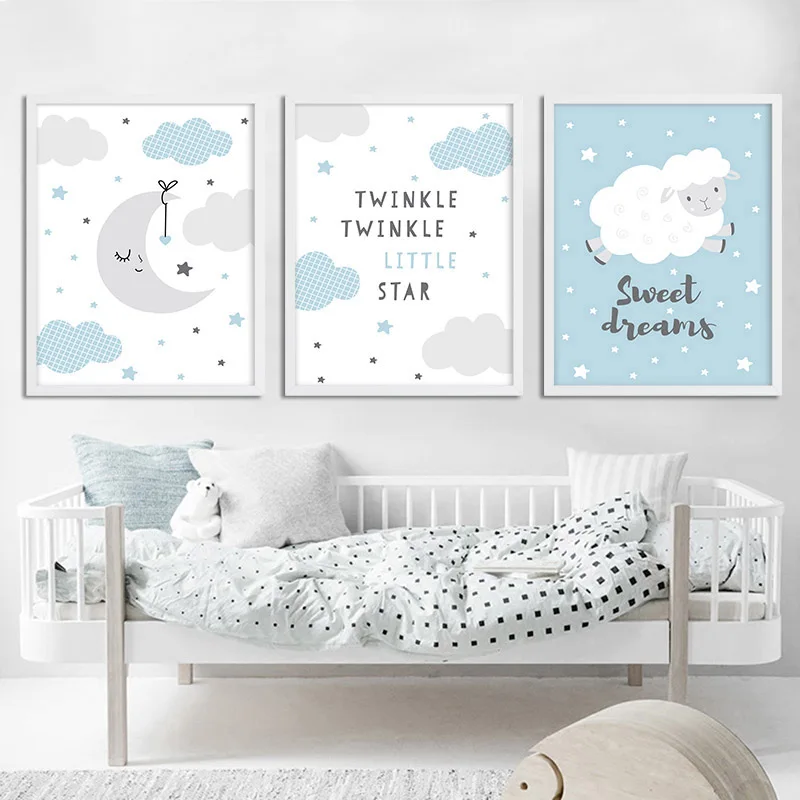 Moon облака с рисунками из мультфильма Плакат для детской принтом синий настенная