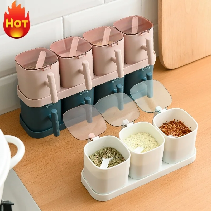 

Spices Box Pepper Spice Shaker Salt Seasoning Organizer Kitchen Cruet Condiment Bottle Jars Container With Spoons