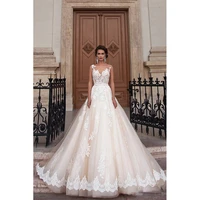 scoop illusion wedding dresses long lace applique beading waist sweep train bridal gown dress with detachable beading sash