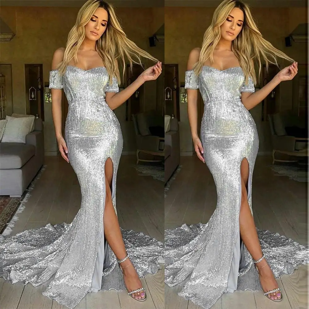 До пола русалка осеннее платье сексуальные женщины с плеча Slash шеи короткий рукав