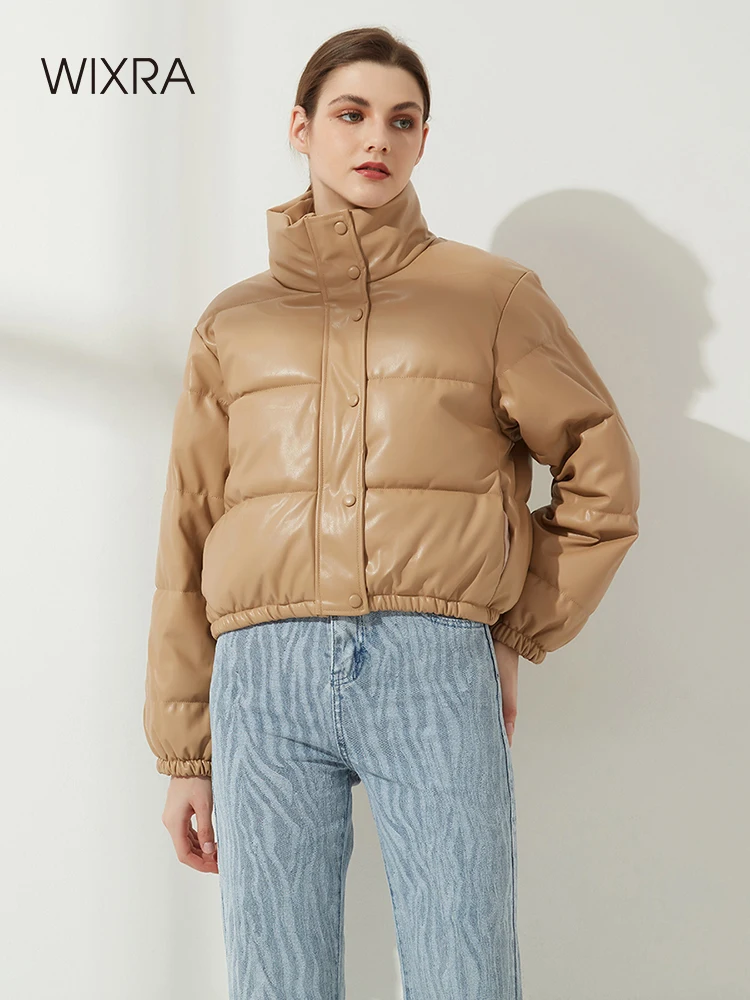 Wixra Womens Jacket Windbreaker Trendy PU Parka Overcoat Solid Warm Outerwear Winter Ladies Streetwear Casual Tops