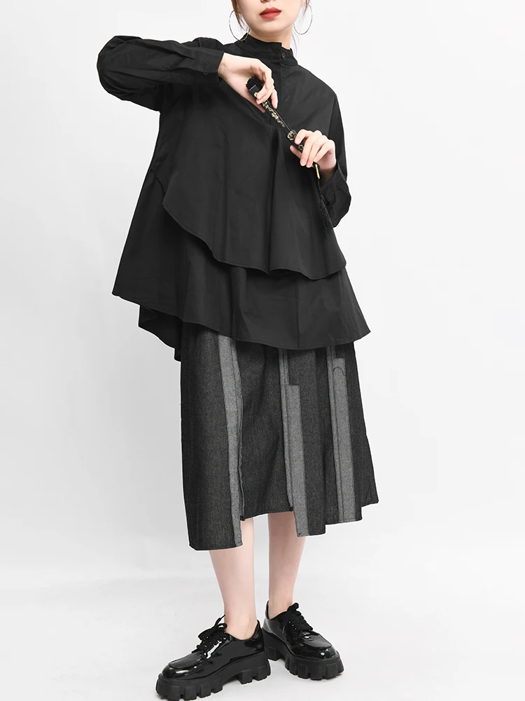 

[EAM] Women Black Irregular Double Layers Big Size Blouse New Stand Collar Long Sleeve Shirt Fashion Spring Autumn 2021 C006111