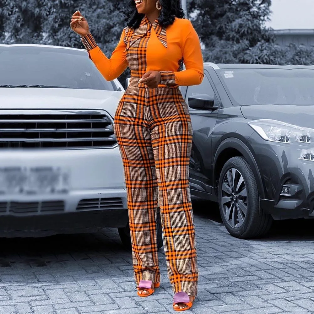 

Autumn Fashion Long African Women's Temperament Plaid Stitching Lapel Asymmetrical Long-sleeved European And American Jumpsuit