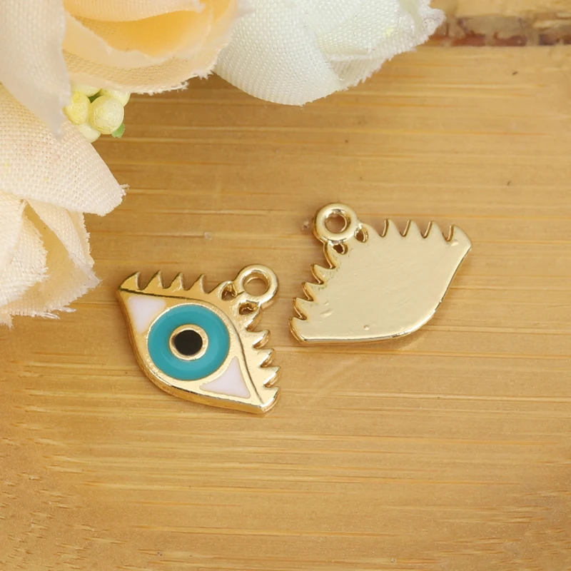 

10PCs New Fashion Ladies Jewelry Evil Eye Pendant Gold Blue Color Enamel Zinc Alloy Necklace Earrings DIY Findings 14mm x 12mm
