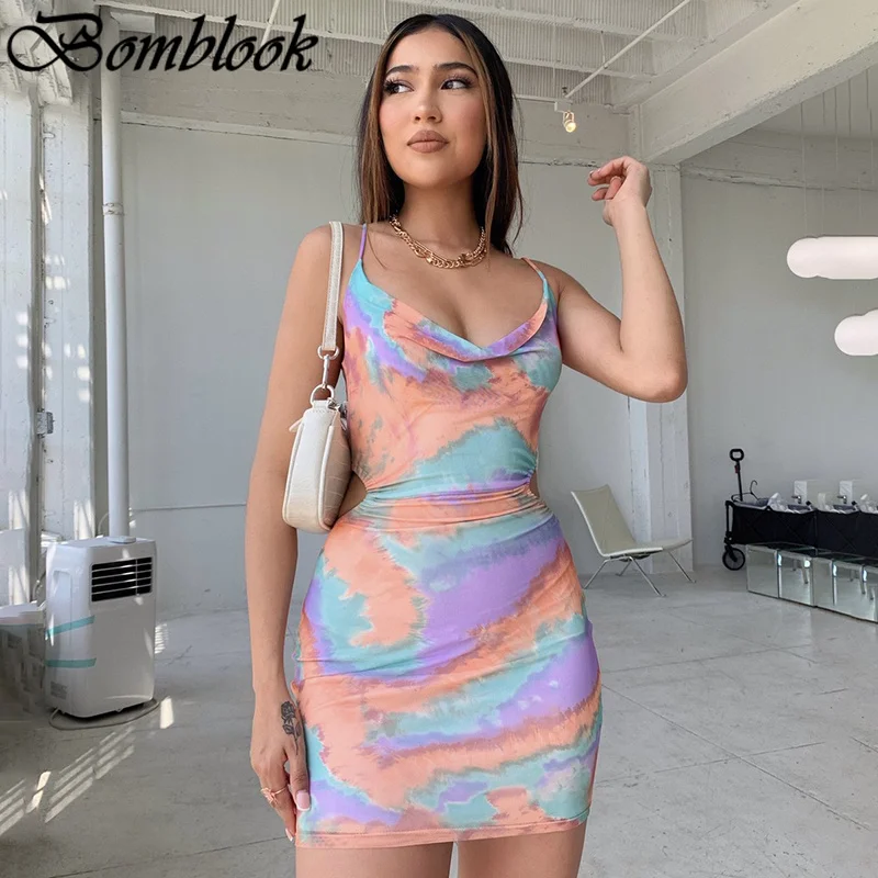 

Bomblook Sexy Party Club Bodycon Dresses For Women's 2021 Summer Clothing Backless Lace Up Mini Camis Dress Female Streetwears