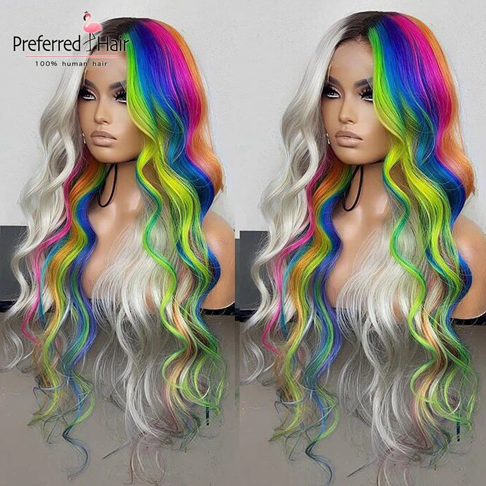 

Preferred Highlight Wig Brazilian Remy Lace Front Human Hair Wigs Green Purple Rainbow Color Pre Plucked Ombre Wigs For Women