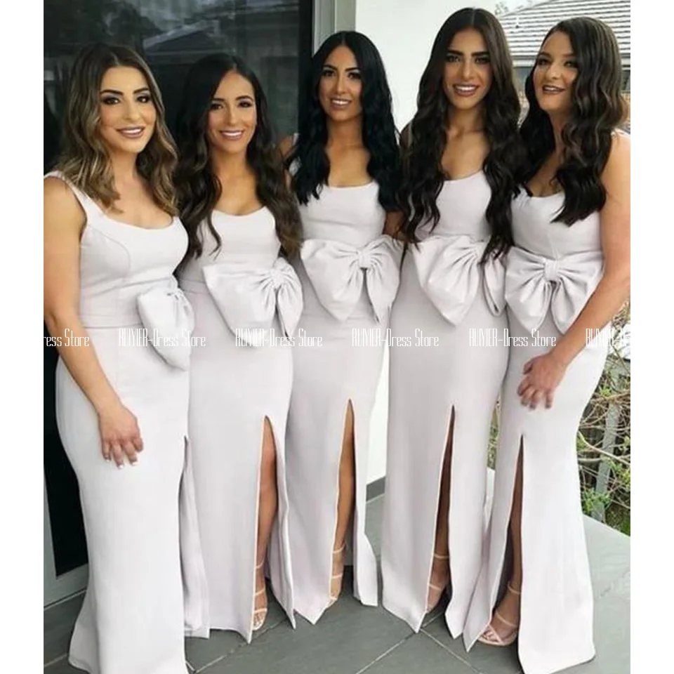 

Simple White Satin Bridesmaid Dresses With Bow Zipper Up Back Side Slit Sheath Wedding Party Dresses Vestidos De Fiesta