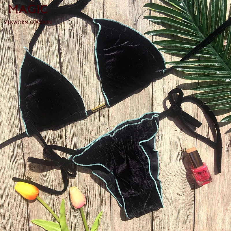 Новый высококачественный золотистый бархатный комплект бикини для женщин с