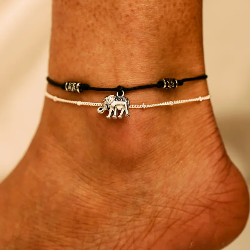 

New Vintage Double Layer Elephant Pendant Anklet for Women 2021 Foot Beach Jewelry