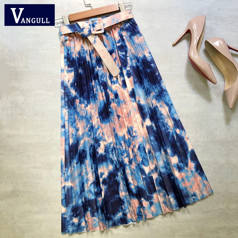 

Vangull Tie Dye Women Midi Skirts Starry Printing Ink Belt Pleated Skirts Female High Waist Sashes Elegant Mid Calf Long Skirts