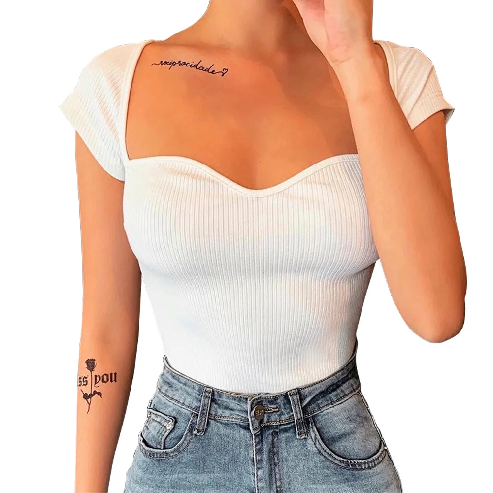 Женская облегающая Однотонная футболка летний женский топ с коротким рукавом