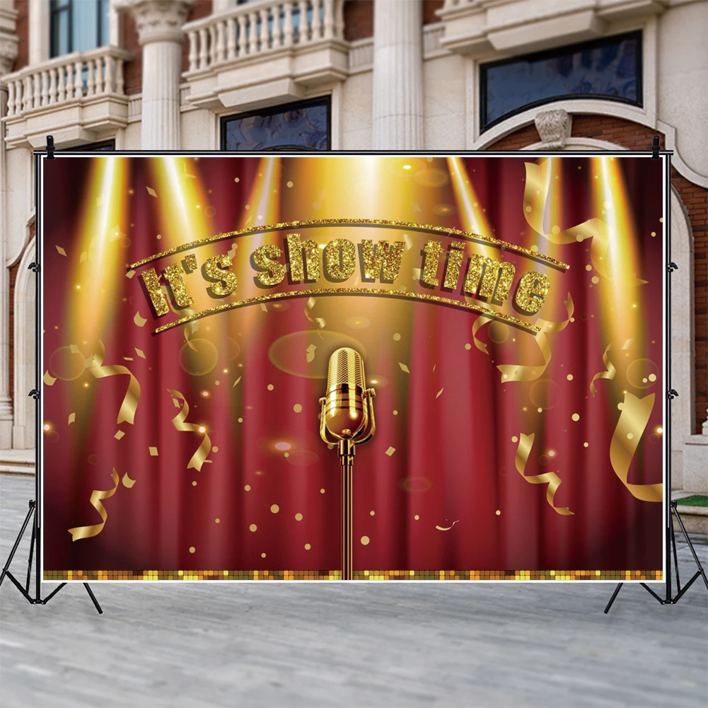 Виниловый фон для фотографий It's Show Time с микрофоном красным занавесом и
