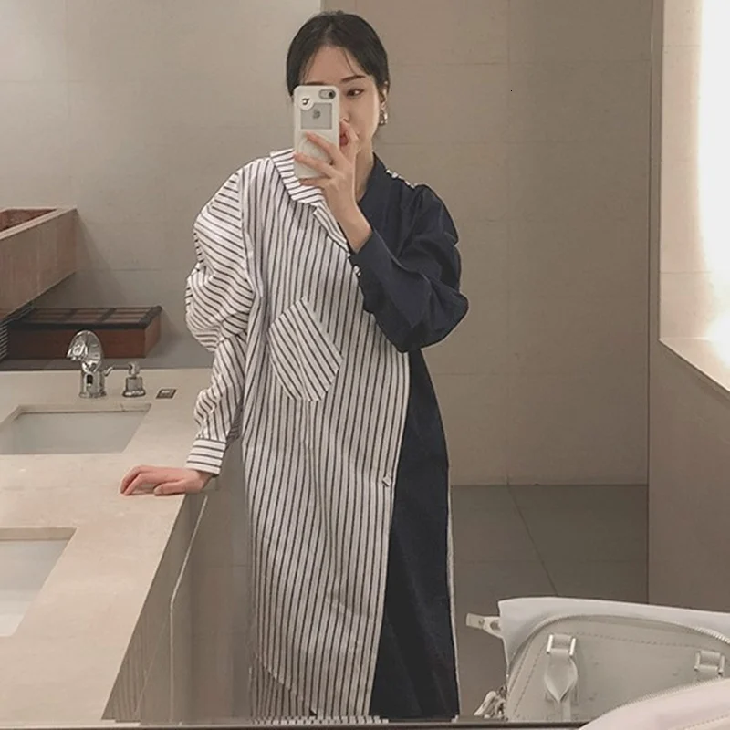 LANMREM 2022 Весенняя Новая модная полосатая рубашка с отворотом женская Свободная