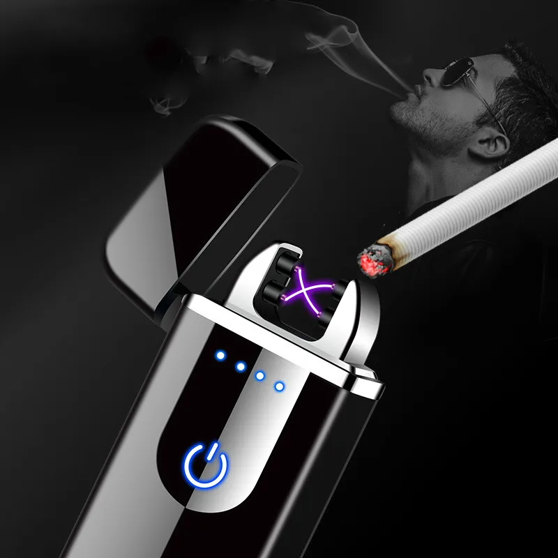 USB в клеточку полоску электронная зарядка через Usb двойная дуговая Зажигалка