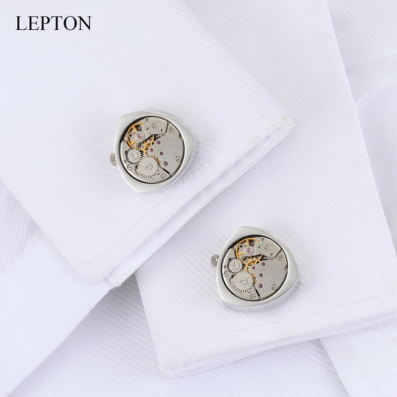 Lepton Watch Movement Cufflinks of immovable Silver Color Steampunk Gear Watch Mechanism Cuff links for Mens Wedding Gift