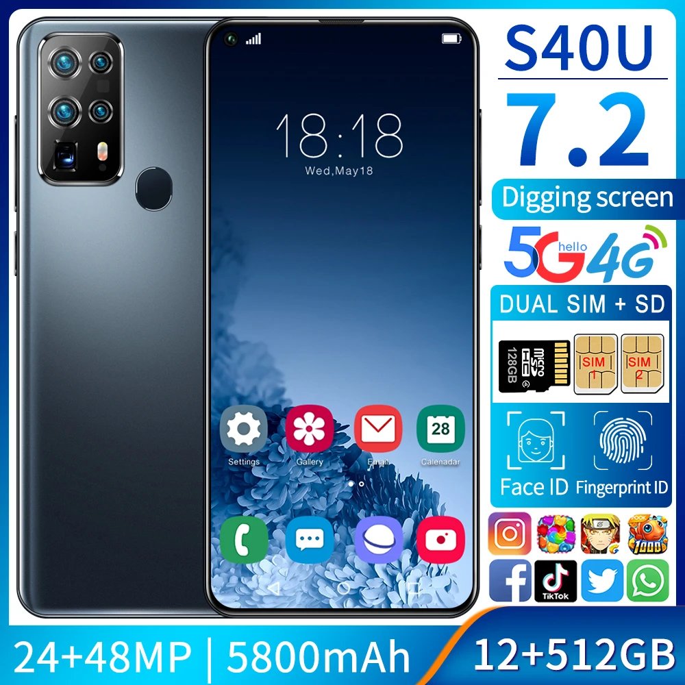 

S40U 7.2 Inch Smartphone 5800mah Android10 Dual SIM 4G 5G 24MP+48MP HD Camera Face Wake 12GB+512GB Global Version Network Phone
