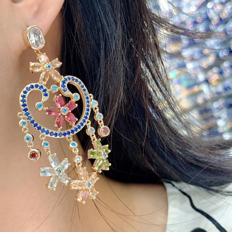 

Female colorful zircon geometric tassel earrings 210322-20