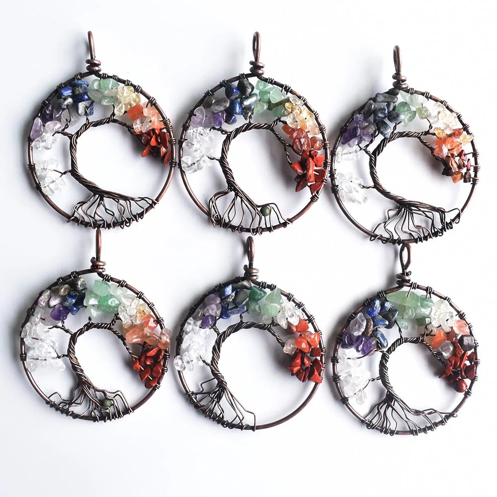 

7 Chakra Natural Stone Wrap Wisdom Tree of Life Antique Copper Plated Round Pendants for necklace making Wholesale 6pcs/lot free
