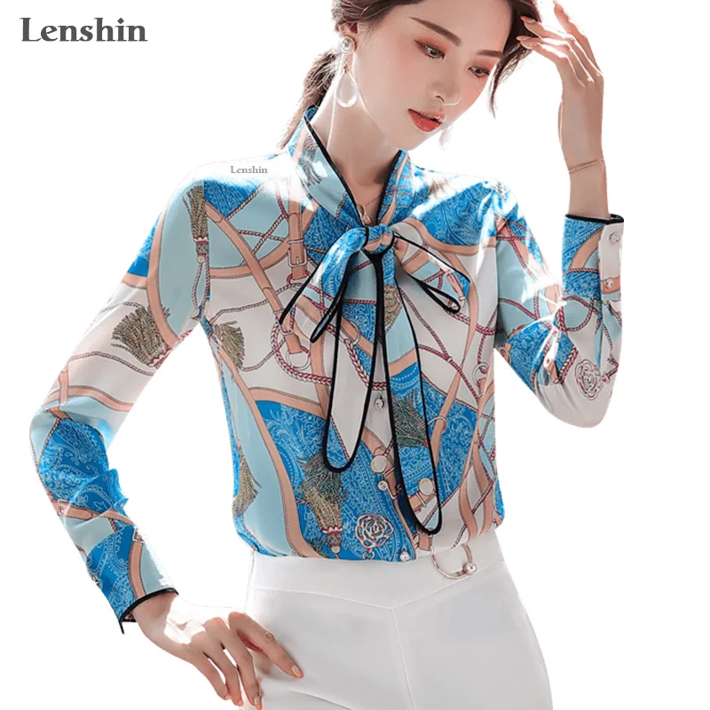 Блузка Lenshin с геометрическим принтом дышащая мягкая блузка галстуком бабочкой