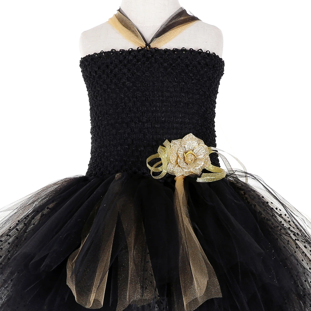 Gold &amp Black Girls Tutu Dress with Train Princess Flower Girl Tulle Kids Wedding Evening Birthday Party Dresses Ball Gown | Детская