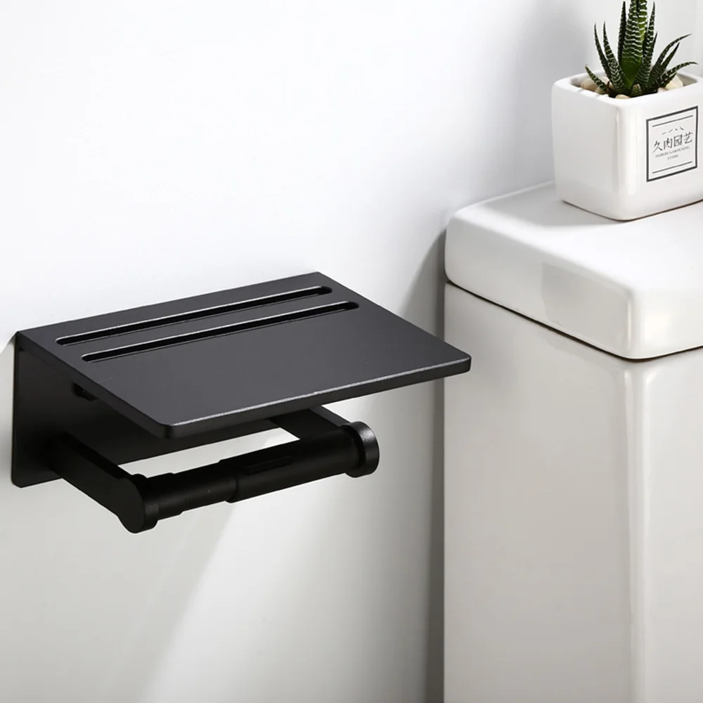 

Space Aluminum Wall Mounted Holder with Mobile Phone Shelf Toilet Tissue Holder with Shelf Silver