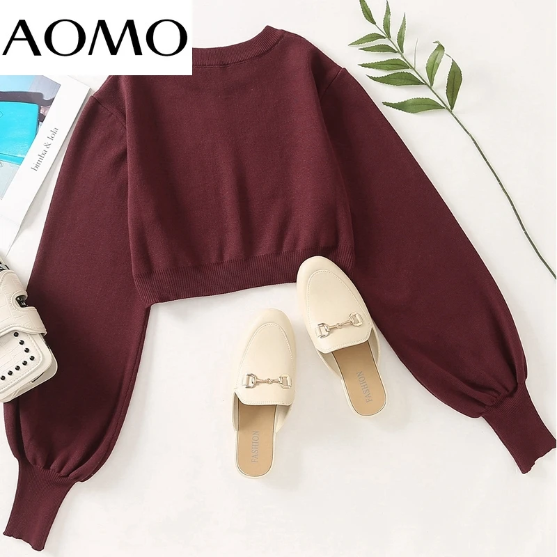 

AOMO Women 2021 Fashion Crop Knitted Sweater Jumper O Neck Female Pullovers Chic Tops AN23A