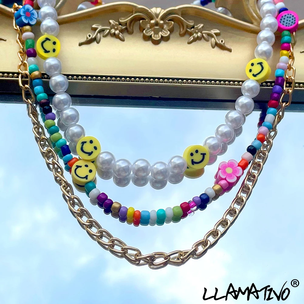 

Handmade Smiley Face Flower Pearl Beaded Necklace For Women Girls Bohemia Colorful Fruit Seed Beads Choker Necklaces New Jewelry