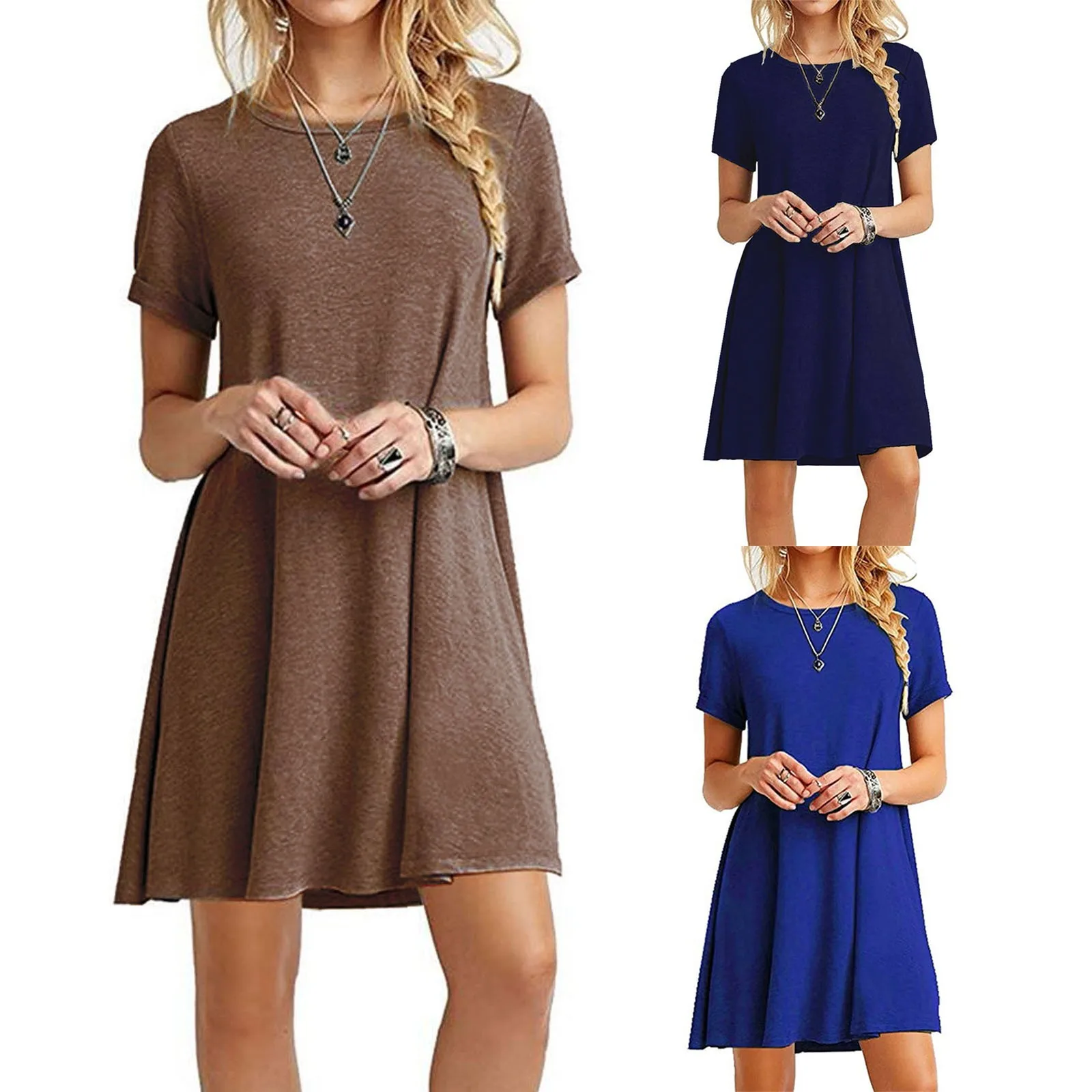 

Women Summer Short Dress Casual Short Sleeve O-Neck Solid Ladies Loose Mini Dress Pure Color Casual Vestido De Mujer M*