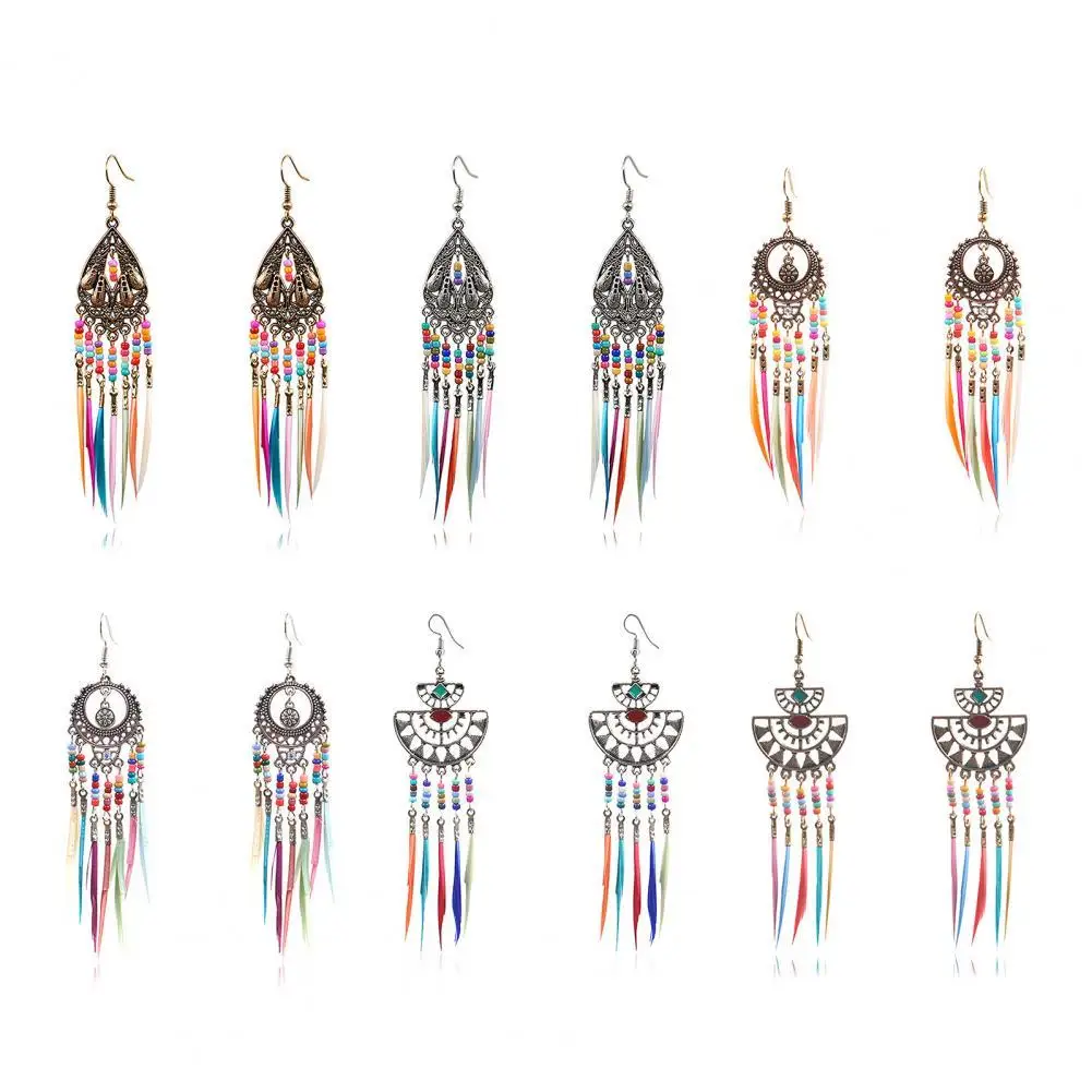 

Hot Sales Earrings Retro Romantic Resin Beads Bohemian Feather Tassel Fringe Earrings for Women