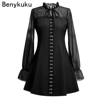 

Gothic Punk Black Mesh Long Sleeve Mini Dress Goth Harajuku Sexy Bodycon Dress 2021 Female Party Bow Neck Retro Vintage Clothes