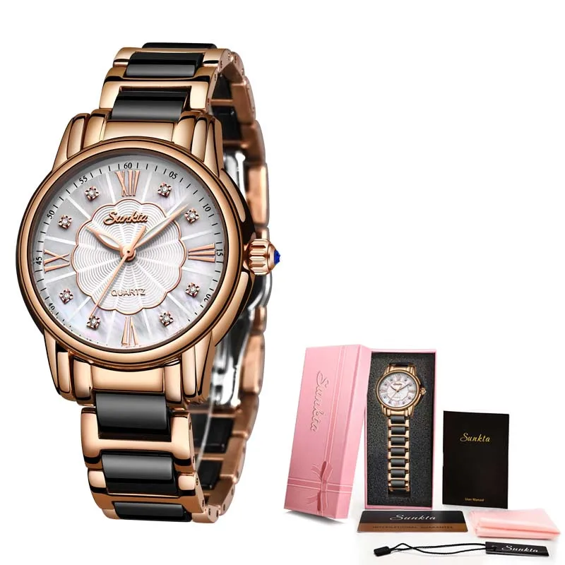 Rose gold black SUNKTA роскошные подарочные часы с бриллиантами женские водонепроницаемые часы из розового золота со стальным ремешком женские наручные часы лучший бренд часы Relogio Feminino - Цвет: Rose gold black