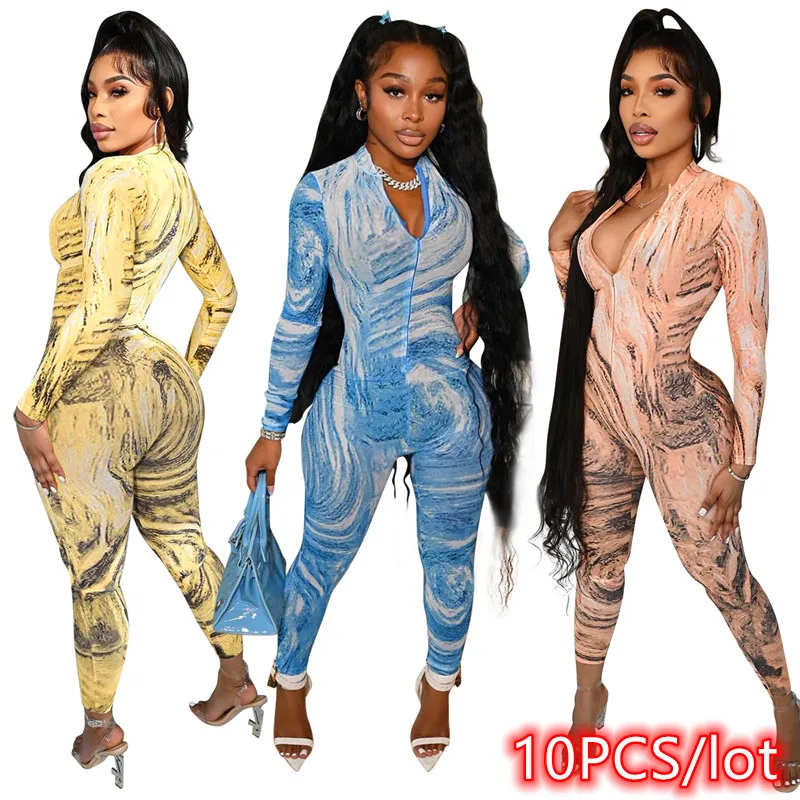 

10PCS Bulk Item In Wholesale Lots Women Sexy Bodycon Printed Jumpsuit Zipper Slim One Piece Overall Rompers Party Outfits