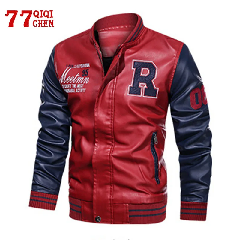 

Embroidery Baseball Leather Jackets Men Pu Faux Leather Jacket Male Motorcycle Luxury Fleece Pilot Letter Stand Bomber Men Coats
