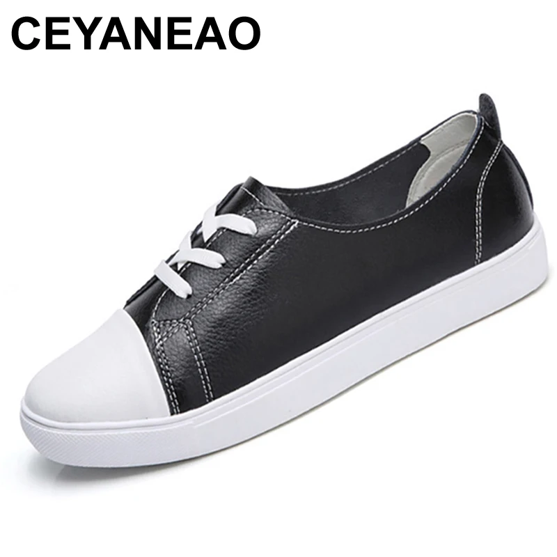 Женские кожаные кроссовки CEYANEAO черные однотонные Сникеры на плоской подошве со
