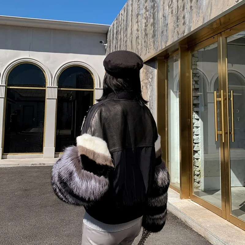 

High Street Luxury Mink Fur Fox Fur Sleeves Patchwork Sheepskin Jackets Genuine Leather Diamonds Womens Short Coats Plus Size