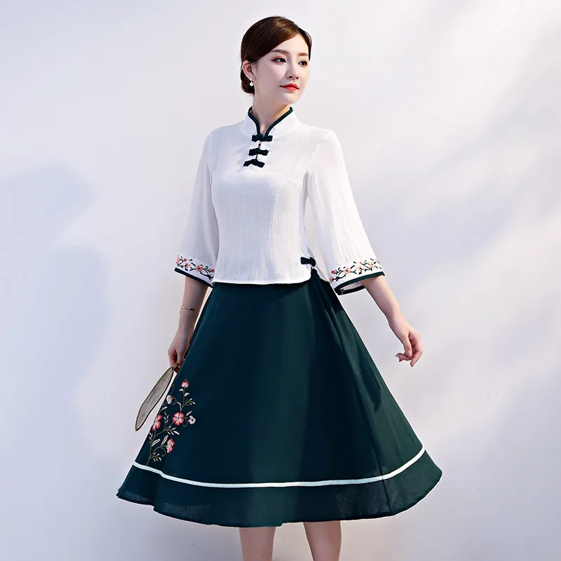 

Han Dynasty Improve Cheongsam A Line skirt Cotton Linen soft Blouse Two-piece Set Costume