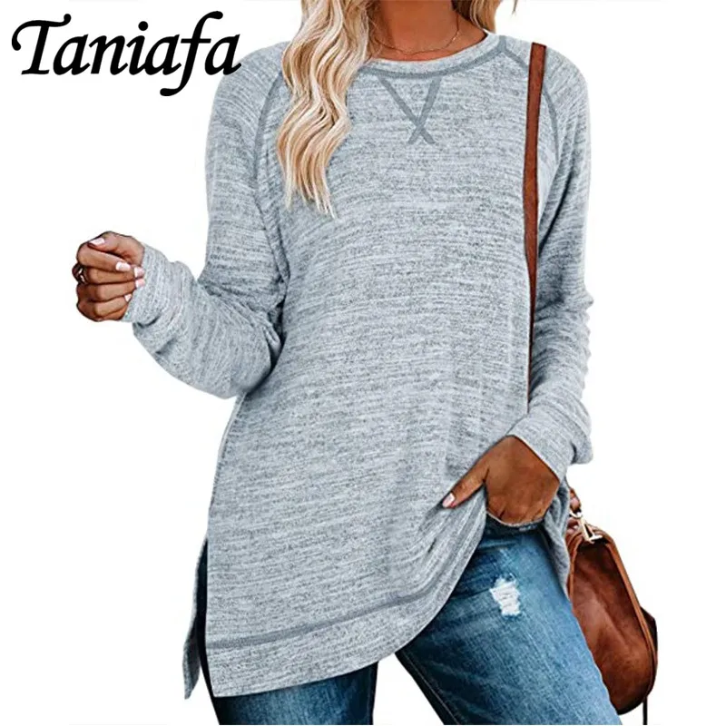 

Женские повседневные топы с круглым вырезом и Боковым Разрезом, осенне-зимние толстовки с длинным рукавом, Модный пуловер, свободная блузка