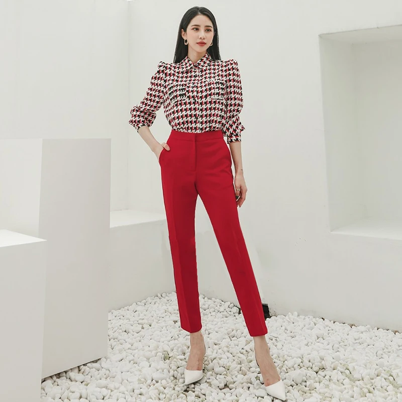 

COIGARSAM Geometric Shirt Womens tops New Spring Loose Panelled Women shirts Red 3227