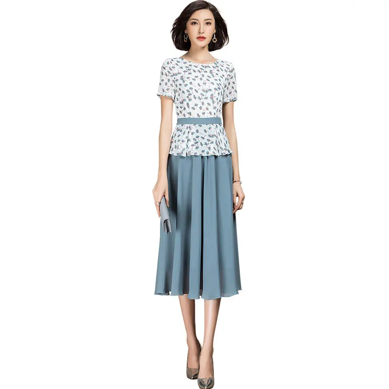 

2021 Summer Sweet Elegant Short Sleeve Chiffon Patchwork A Line Floral Dress Women