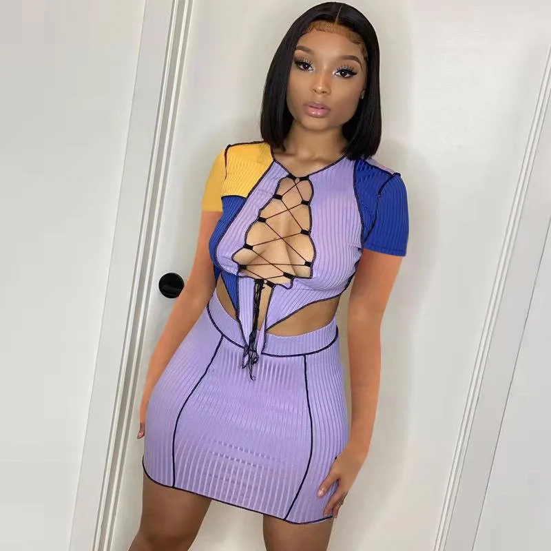 

Echoine Summer Ribbed Color Patchwork Bandage Lace Up Hollow Out Sexy Skinny Crop Top Mini Skirt Set Party Club Outfits