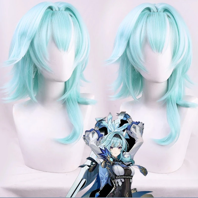 

Anime Cosplay Accessories Game Genshin Impact Ice Eula Role Playing Wig Project 50CM Silk Halloween Props Cyan Blue Hair Adult
