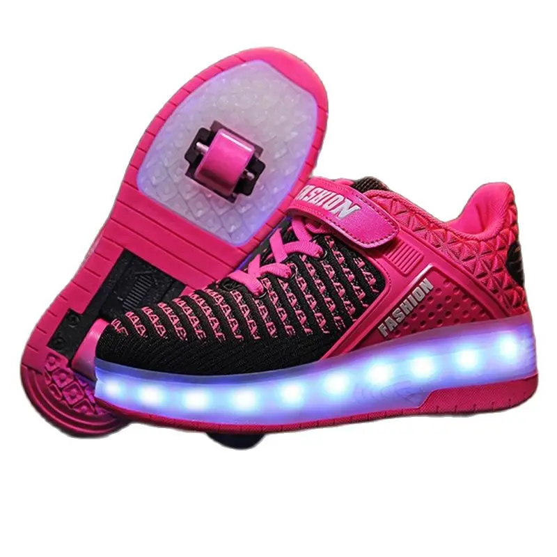 

Удобные Размеры 28-40 Роликовые кроссовки для маленьких мальчиков туфли со светодиодной подсветкой с двойными колесами USB зарядка для катани...
