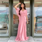 Розовое элегантное платье Verngo, атласное и шифоновое платье А-силуэта, с рукавами летучая мышь, V-образным вырезом, длиной до пола, длинные платья для выпускного бала