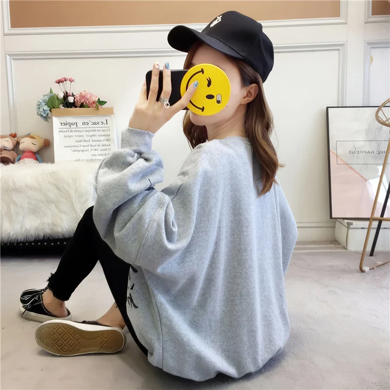 

Punk Oversized Round Neck Ripped Hoodies Women Irregular Hem Long Sleeve Prints Large Size Loose Casual High Street Wear Female