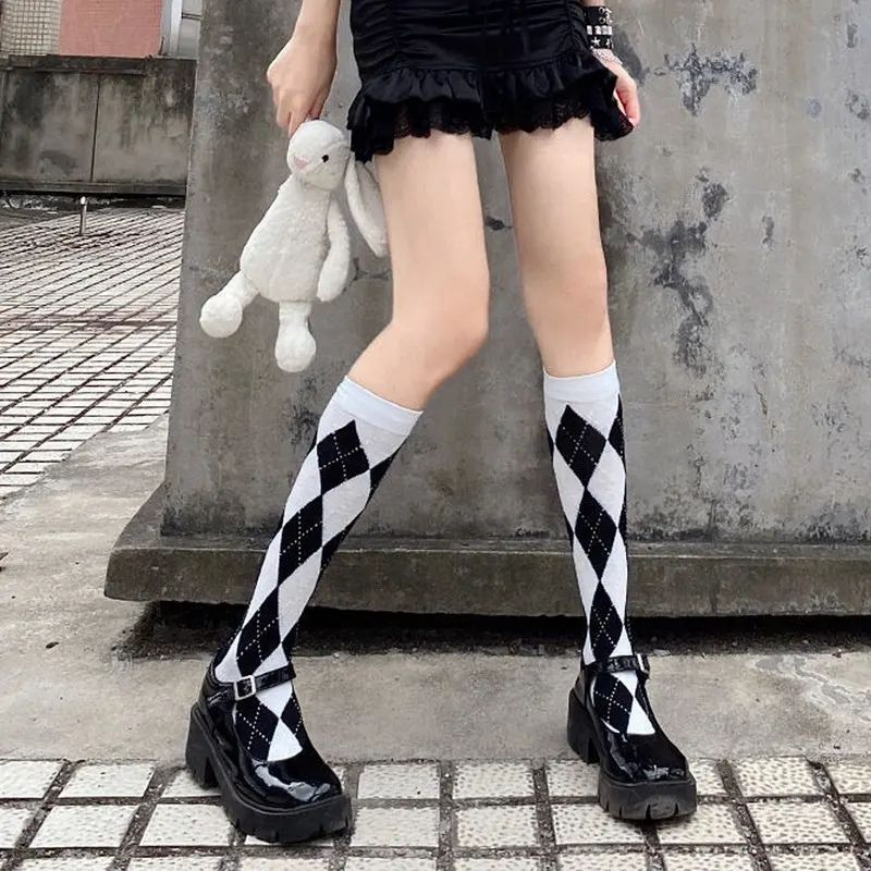 

Autumn Winter Knee Socks For Girls Vintage Preppy Style Argyle Diamond Grid Woman Socks Compression Stockings For Students Y2K