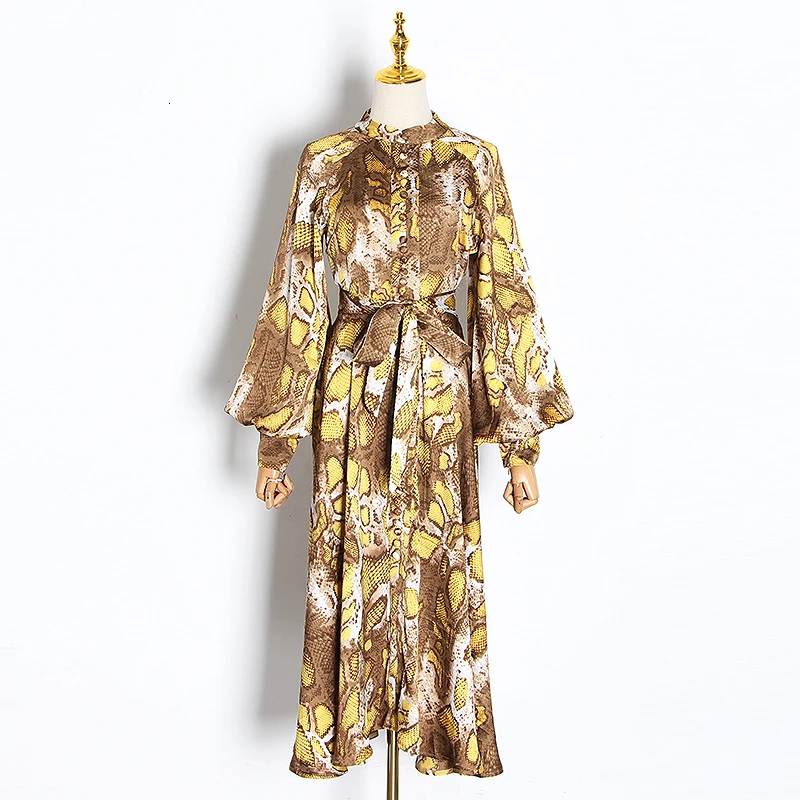 yellow TWOTWINSTYLE винтажные платья с принтом для женщин, стоячий воротник, фонарь, длинный рукав, высокая талия, на шнуровке, неровный подол, платье для женщин, Новинка - Цвет: yellow
