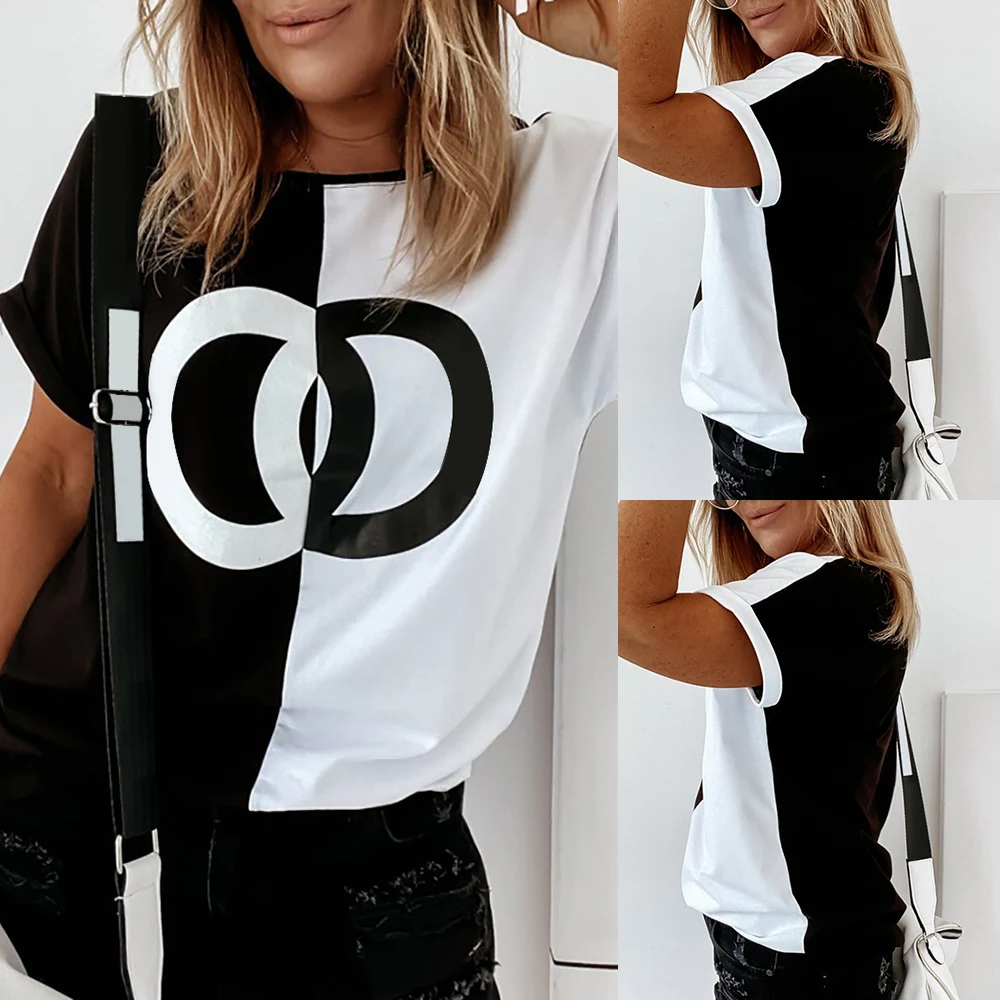 

Summer Casual T Shirt Women Black White Splicing Tshirts Tops Harajuku Short Sleeve Loose Tee Shirt Female 2021 Streetwear