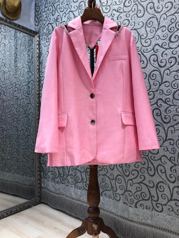 

2021 Autumn Fashion Blazer Coat High Quality Women Notched Collar Crystal Beading Deco Sweetheart Patterns Long Sleeve Pink Coat