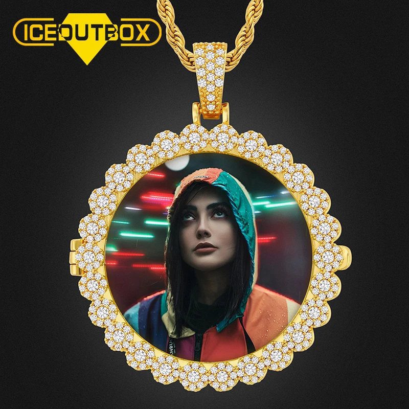 

New Round Custom Photo Pendant Necklace Can Be Opened Personality Men's Hip Hop Jewelry Exaggeration Rap Style Cubic Zirconia
