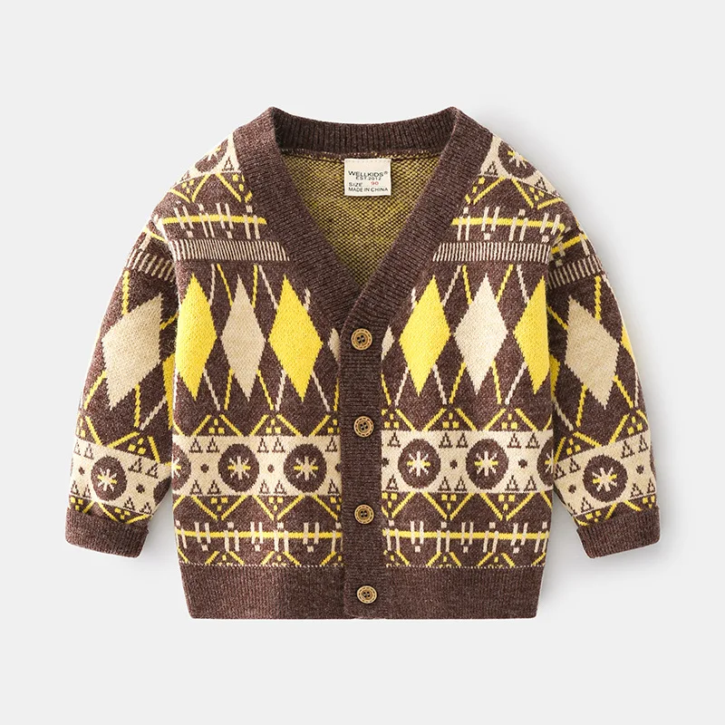 

New Toddler Boys Geometric Sweater Cardigans Winter Baby Girl Clothes Kids Jumper Knitwear Long-Sleeve Sweater Outerwear Coats
